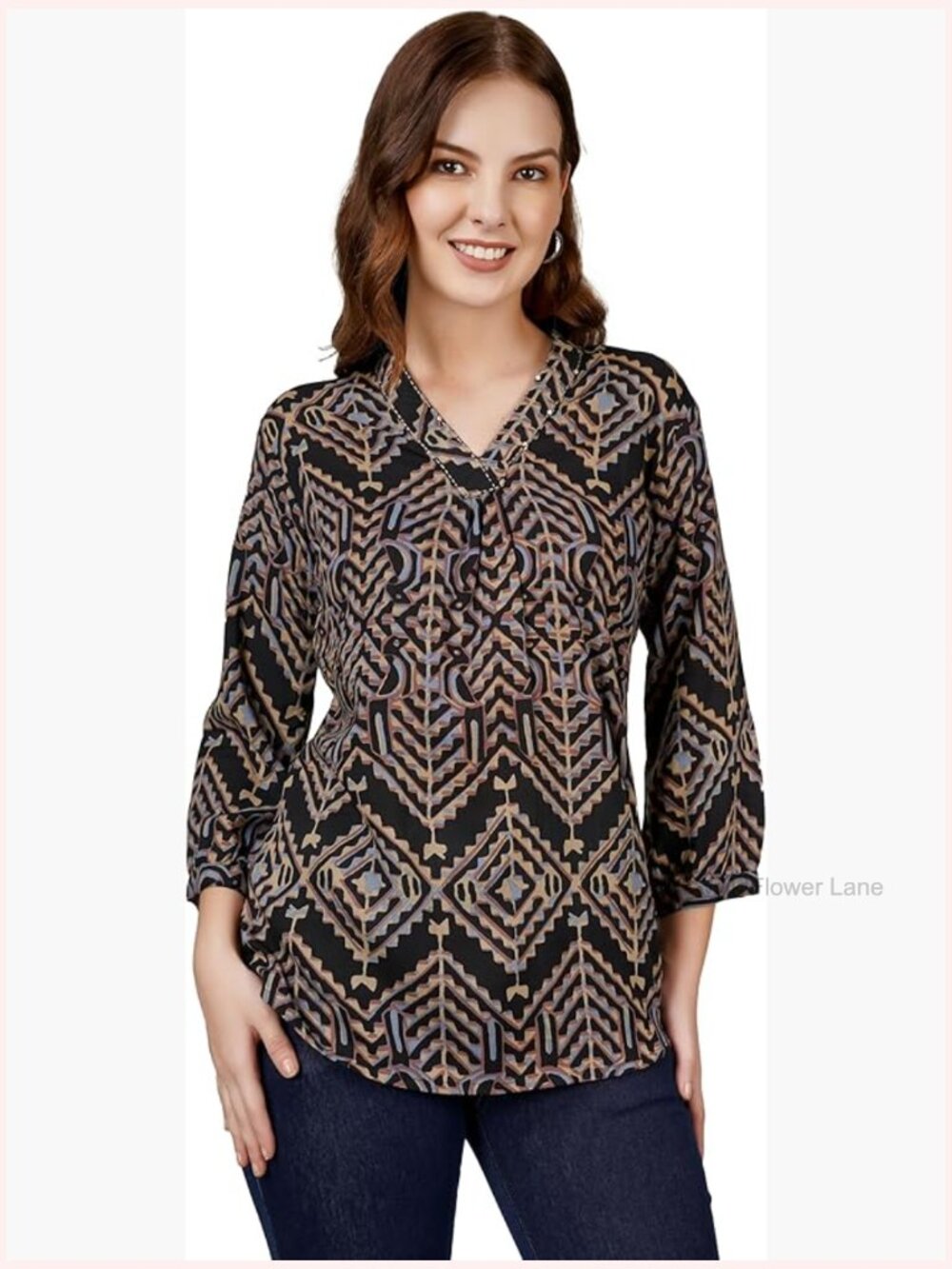 Rayon Tunic with V-Neck & 3/4 Bishop Sleeves Printed Blouse